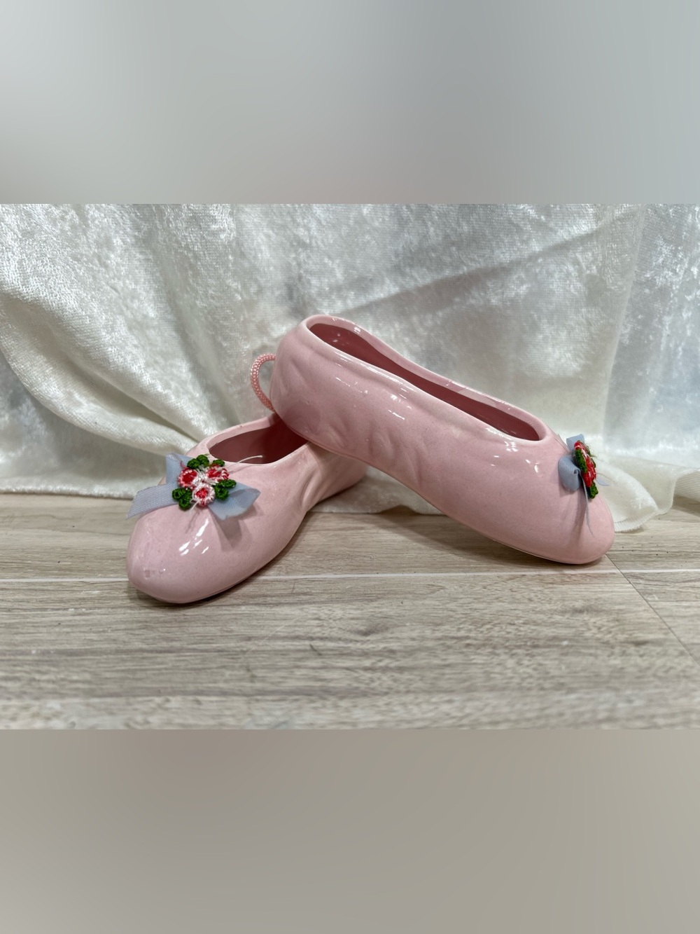 Pink Ceramic Ballet Slippers Shoes Pair Floral Bows Hanging Nursery Decor